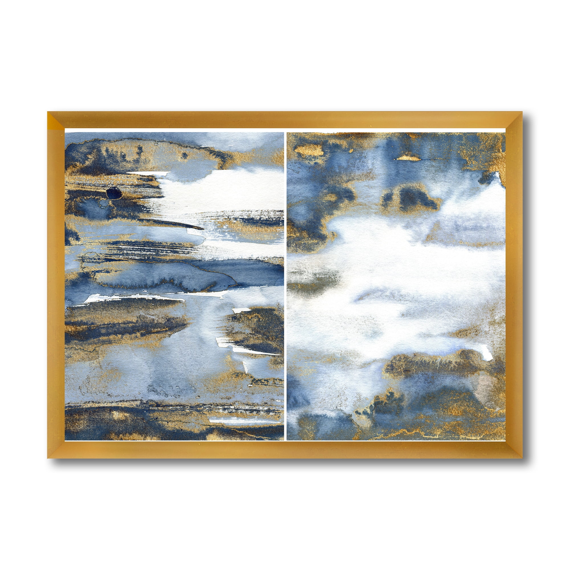 Designart 'Gold and Dark Blue Abstract Waves III' Modern Framed Art Print