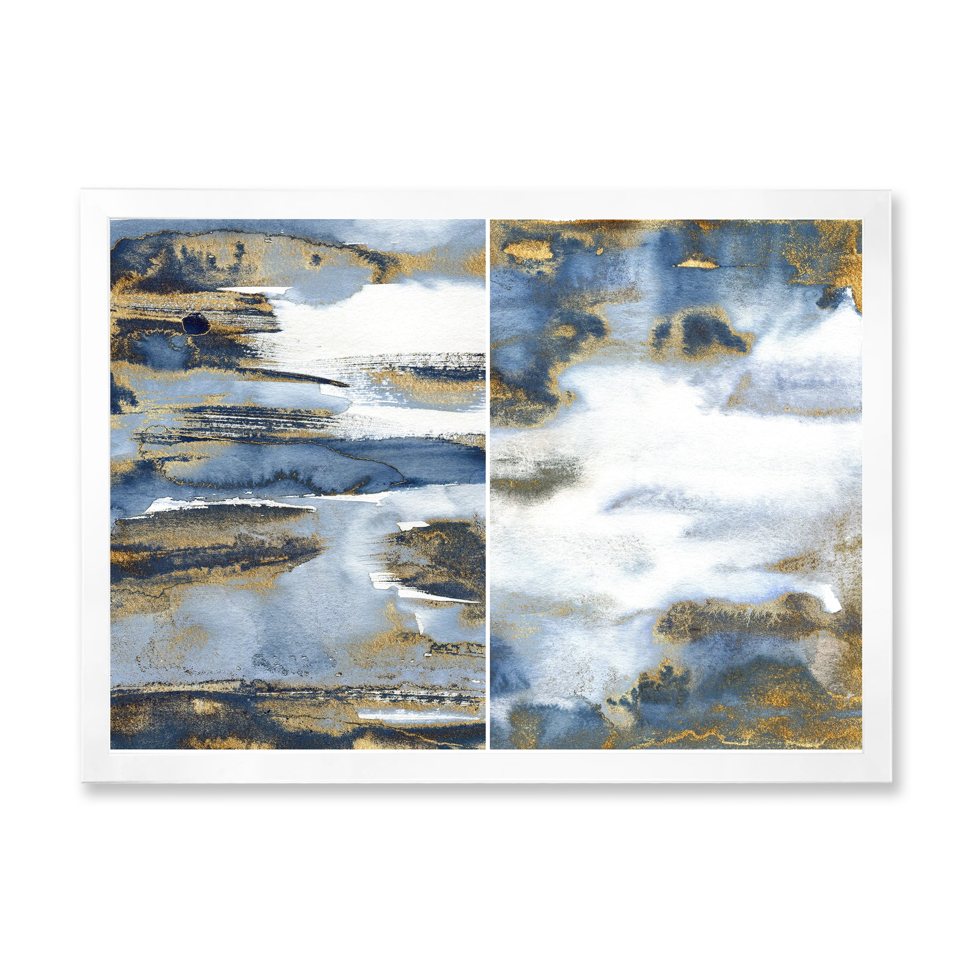 Designart 'Gold and Dark Blue Abstract Waves III' Modern Framed Art Print