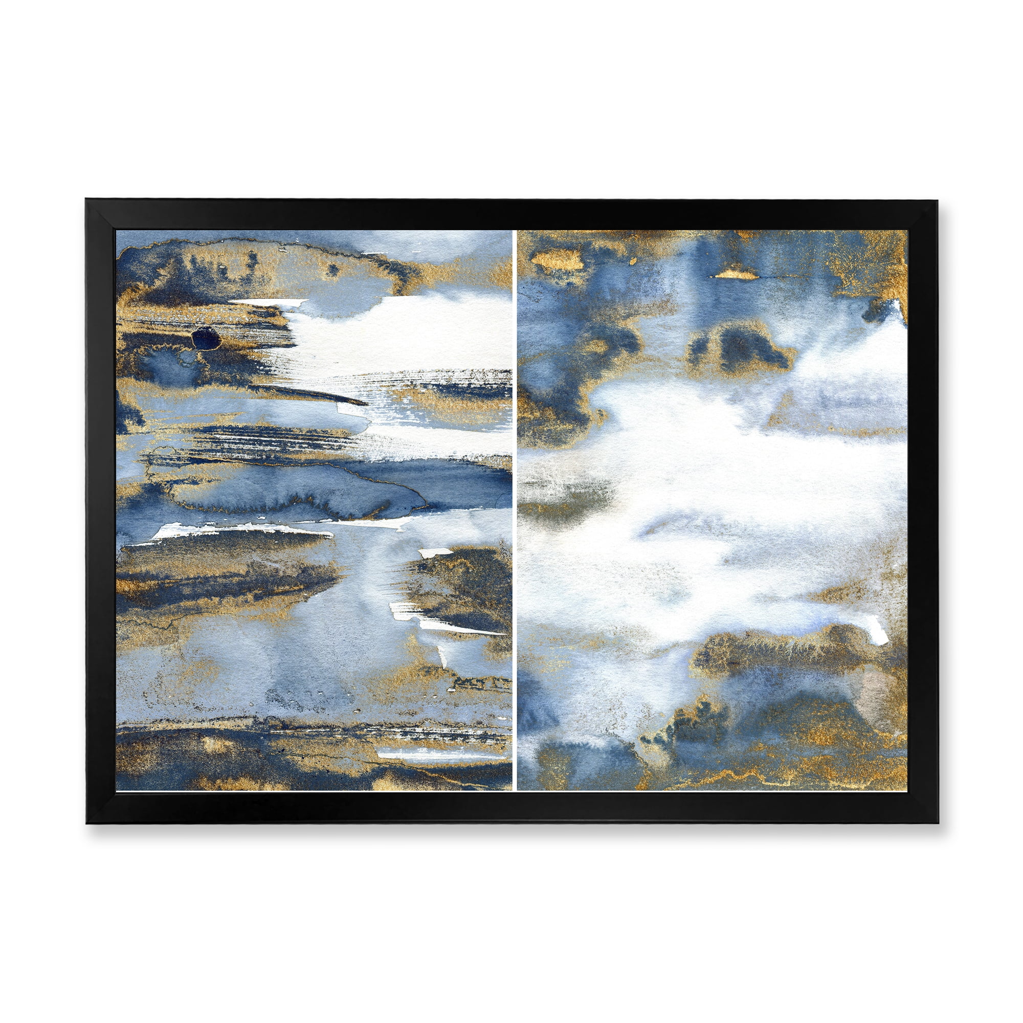 Designart 'Gold and Dark Blue Abstract Waves III' Modern Framed Art Print