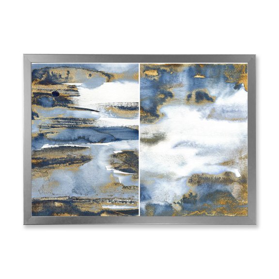 Designart 'Gold and Dark Blue Abstract Waves III' Modern Framed Art Print
