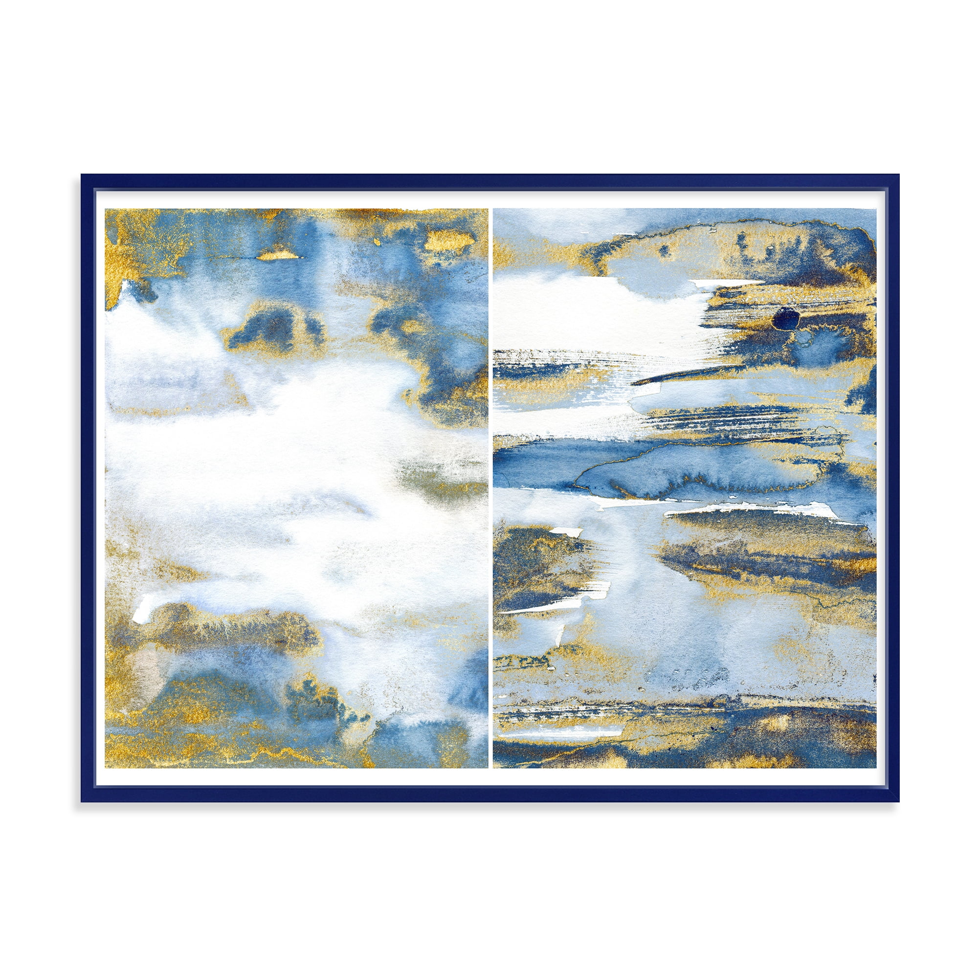 Designart 'Gold and Dark Blue Abstract Waves III' Modern Framed Canvas Wall Art Print