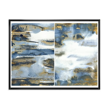Designart 'Gold and Dark Blue Abstract Waves III' Modern Framed Canvas Wall Art Print