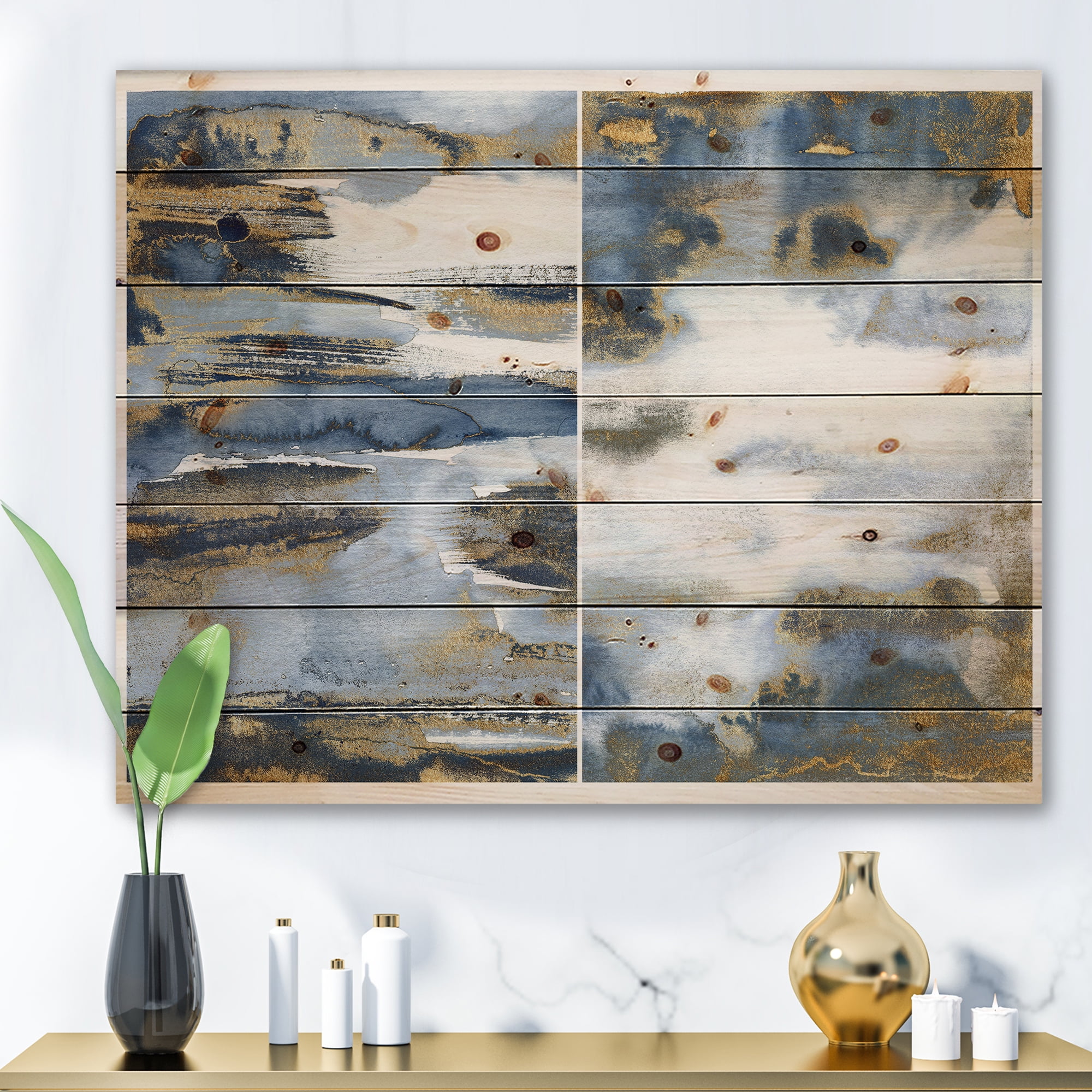Designart 'Gold and Dark Blue Abstract Waves III' Modern Print on Natural Pine Wood