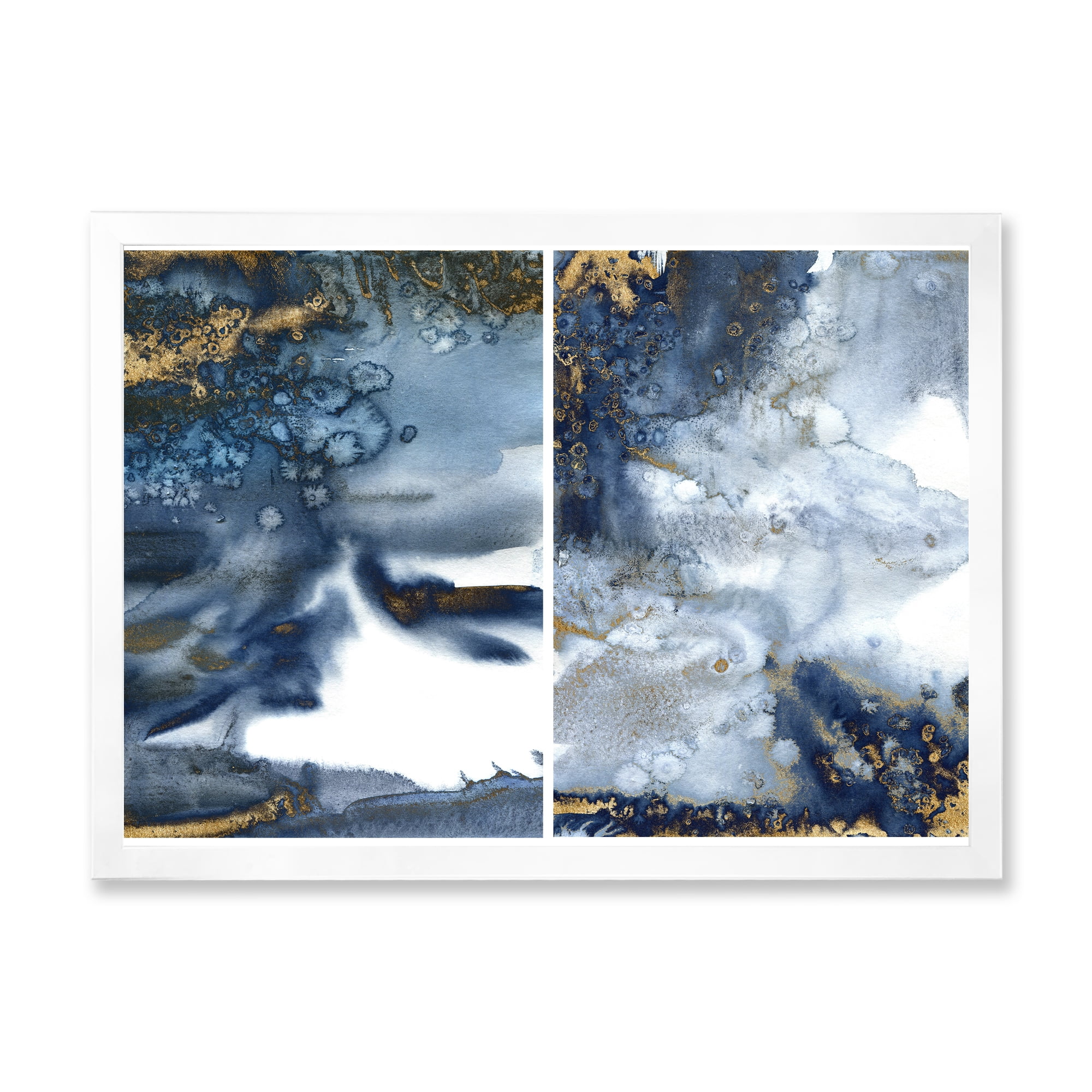 Designart 'Gold and Dark Blue Abstract Waves IV' Modern Framed Art Print