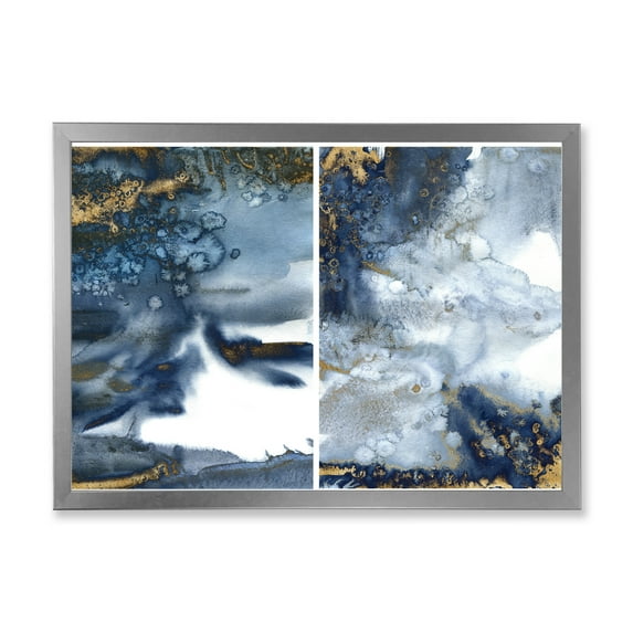 Designart 'Gold and Dark Blue Abstract Waves IV' Modern Framed Art Print