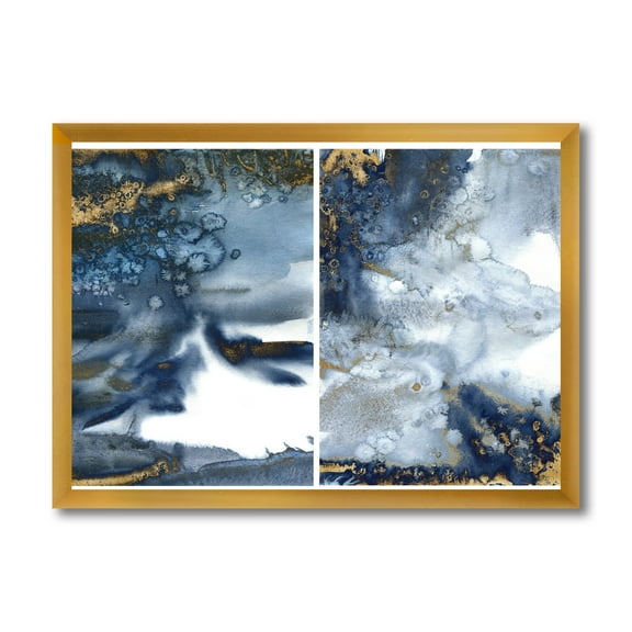 Designart 'Gold and Dark Blue Abstract Waves IV' Modern Framed Art Print