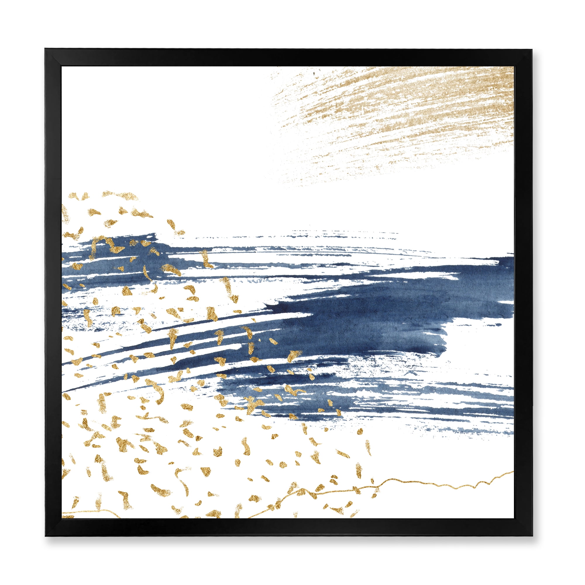 Designart 'Gold and Dark Blue and Abstract I' Modern Framed Art Print