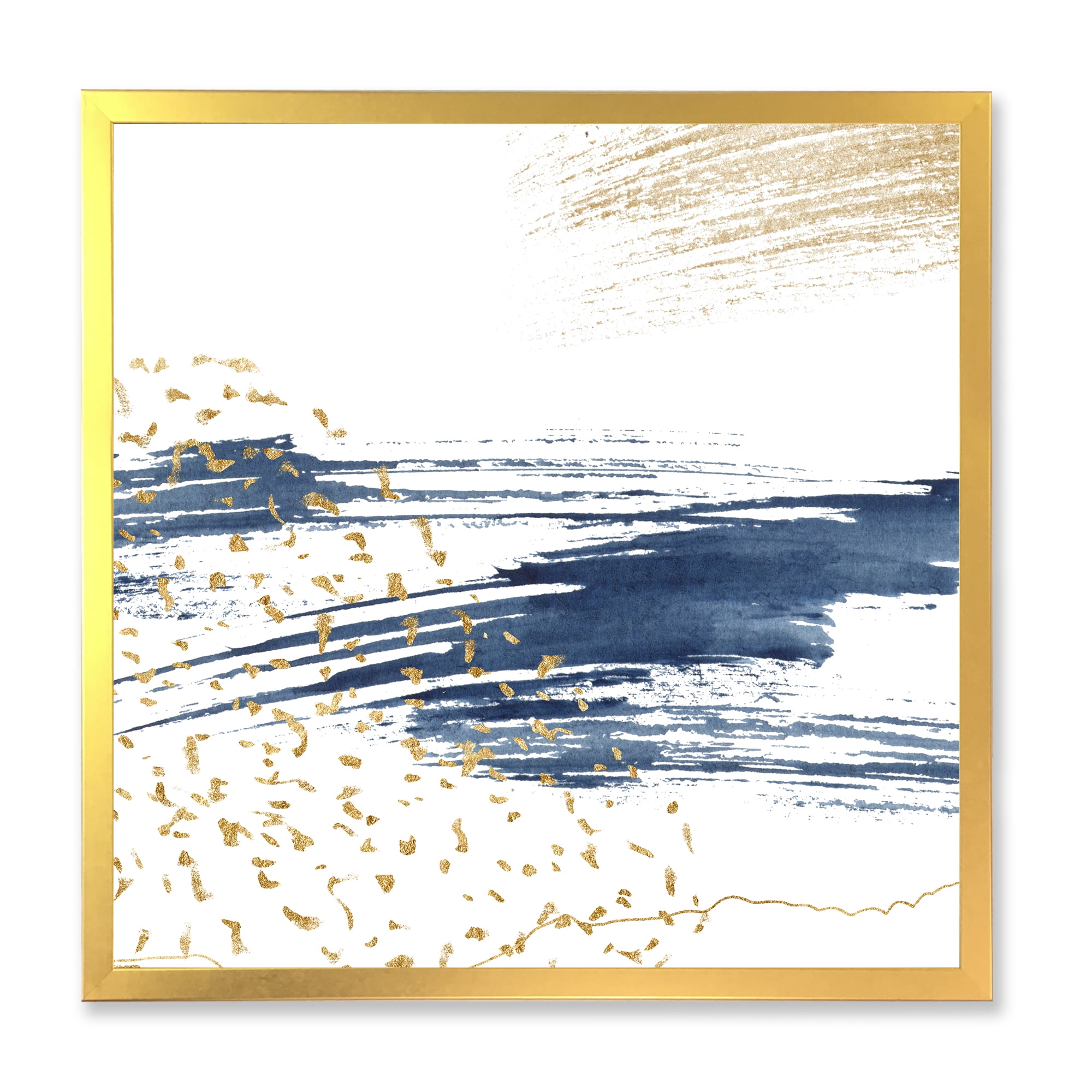 Designart 'Gold and Dark Blue and Abstract I' Modern Framed Art Print