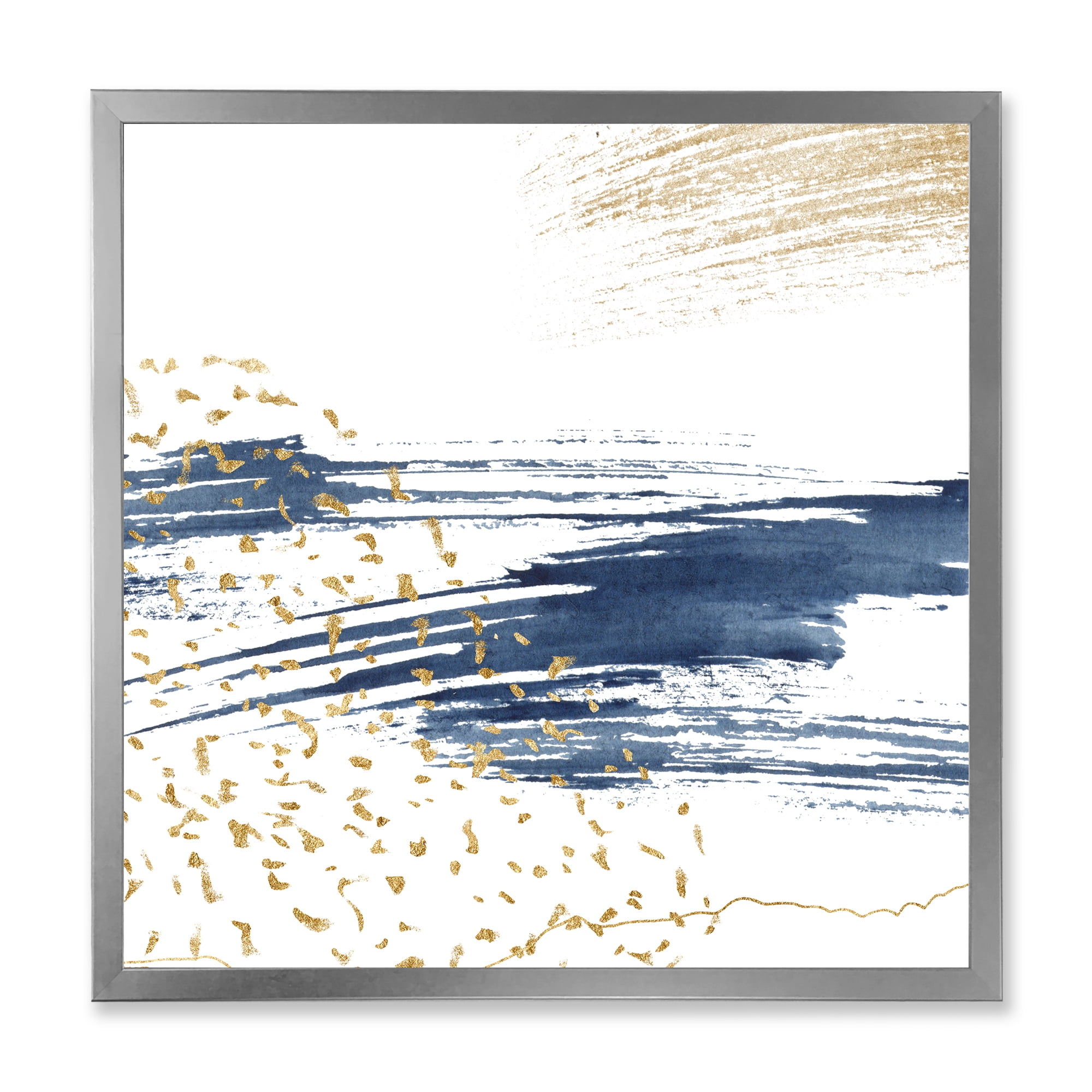 Designart 'Gold and Dark Blue and Abstract I' Modern Framed Art Print