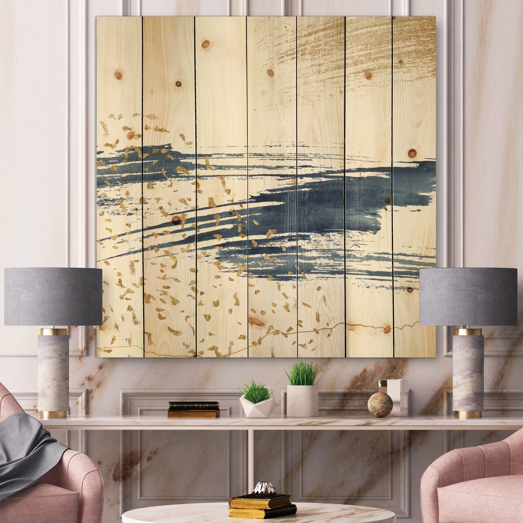 Designart 'Gold and Dark Blue and Abstract I' Modern Print on Natural Pine Wood