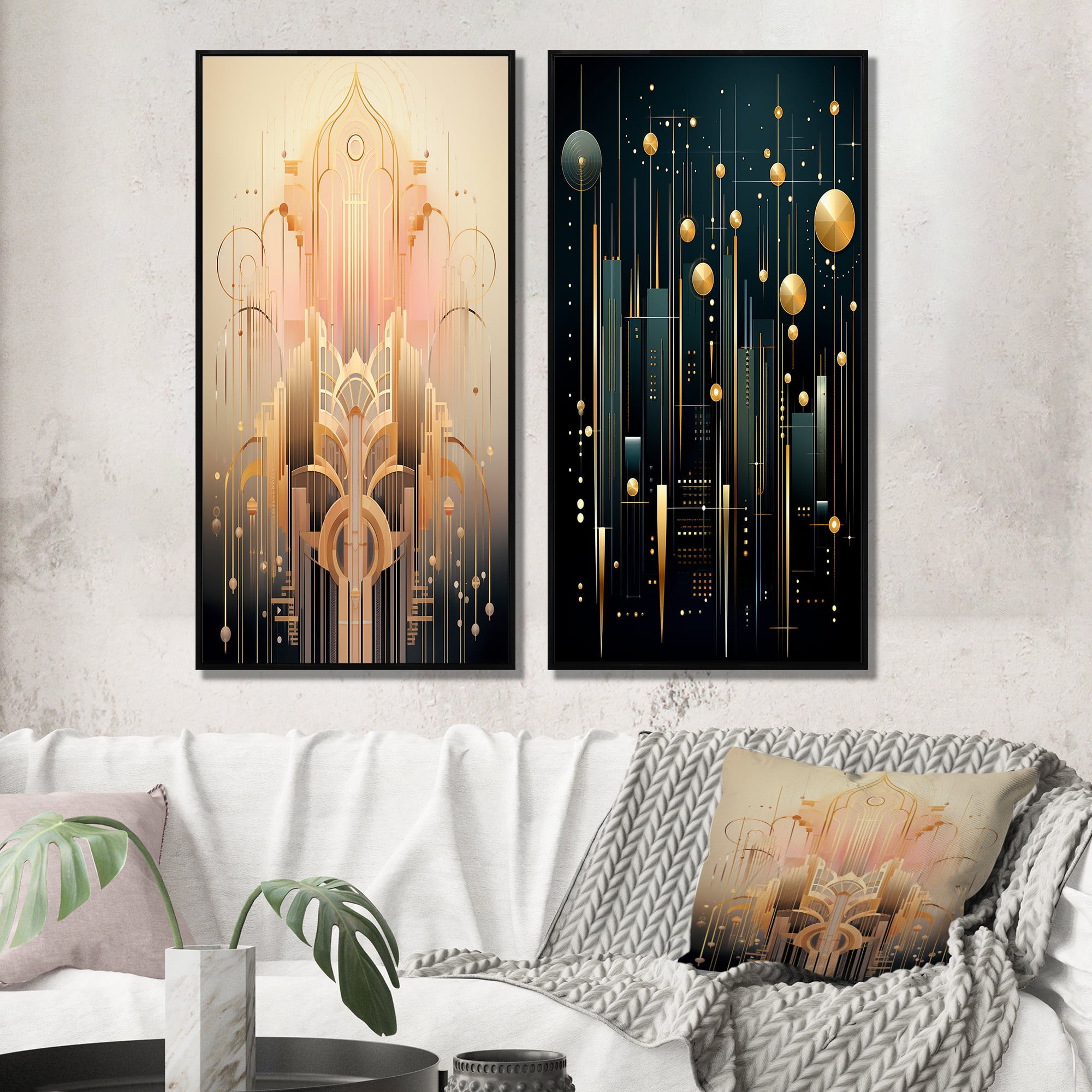 Designart "Gold and Pink Art Nouveau Geometry I" Modern Geometric