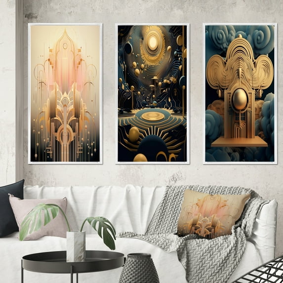 Designart "Gold and Pink Art Nouveau Geometry I" Modern Geometric Framed Wall Art Set Of 3 - Pink Abstract Frame Gallery Set For Office Decor