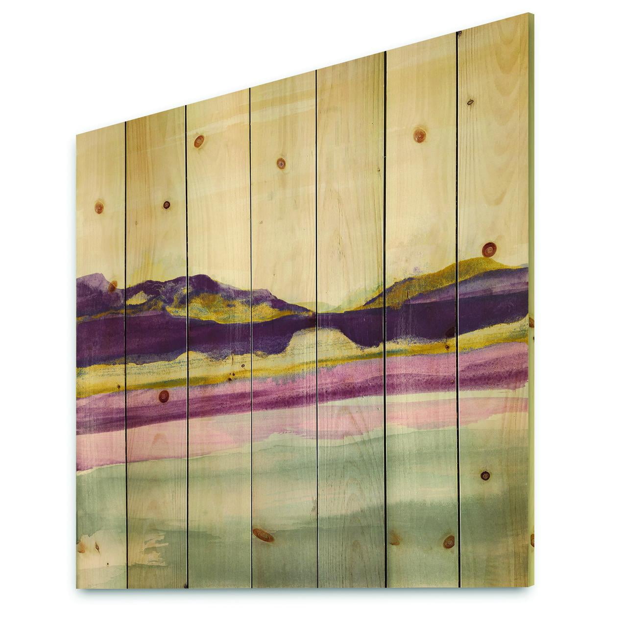 Designart 'Gold and Purple Landscape II' Shabby Chic Print on Natural Pine Wood