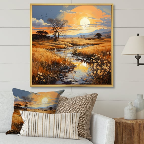 Designart "Gold and Sky Yellow Blue Prairies VI" Landscapes Floater Framed Wall Decor