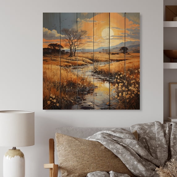 Designart "Gold and Sky Yellow Blue Prairies VI" Landscapes Print on Natural Pine Wood