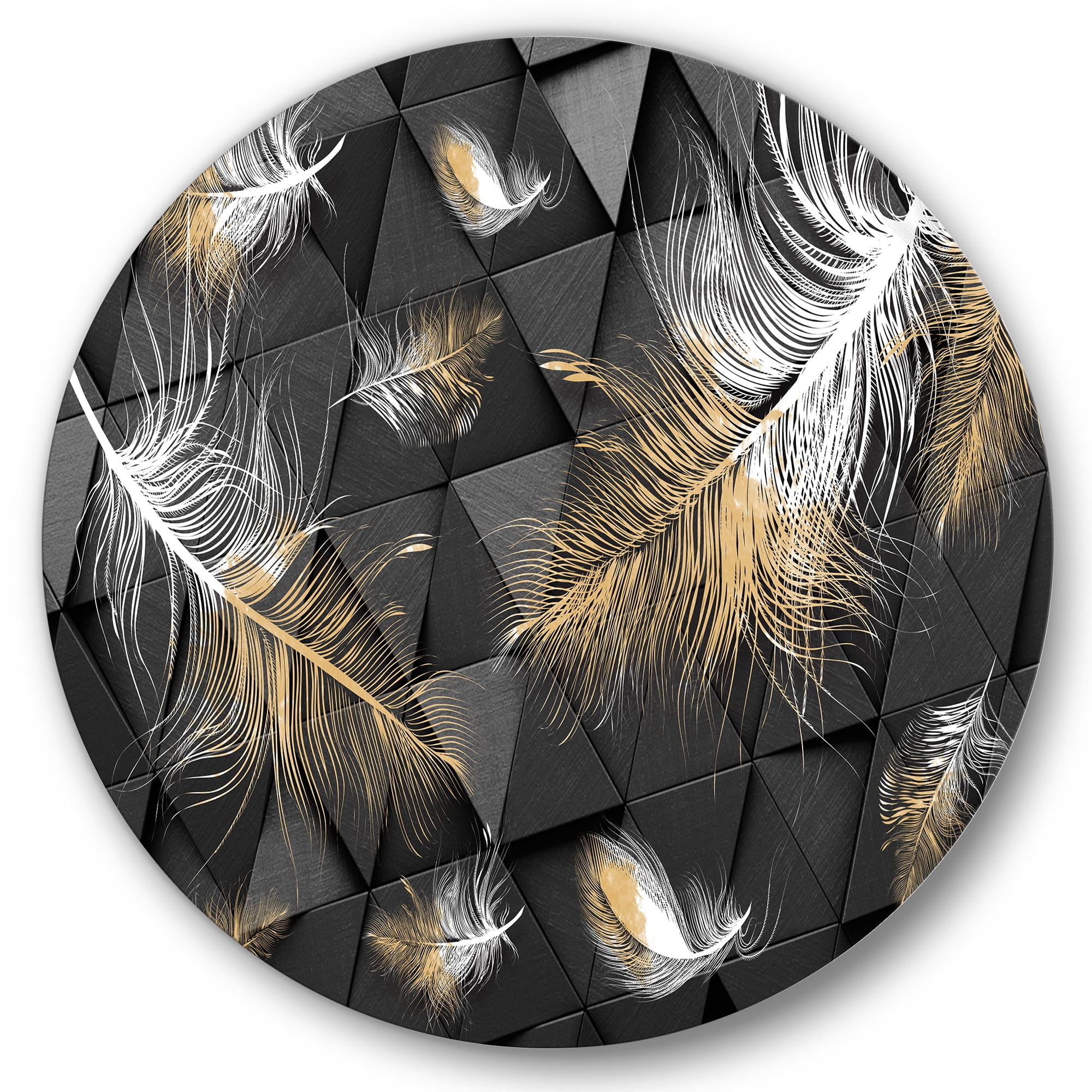 Designart 'Gold and White Feathers On Triangular' Modern Circle Metal Wall Art 36x36 - Disc of 36