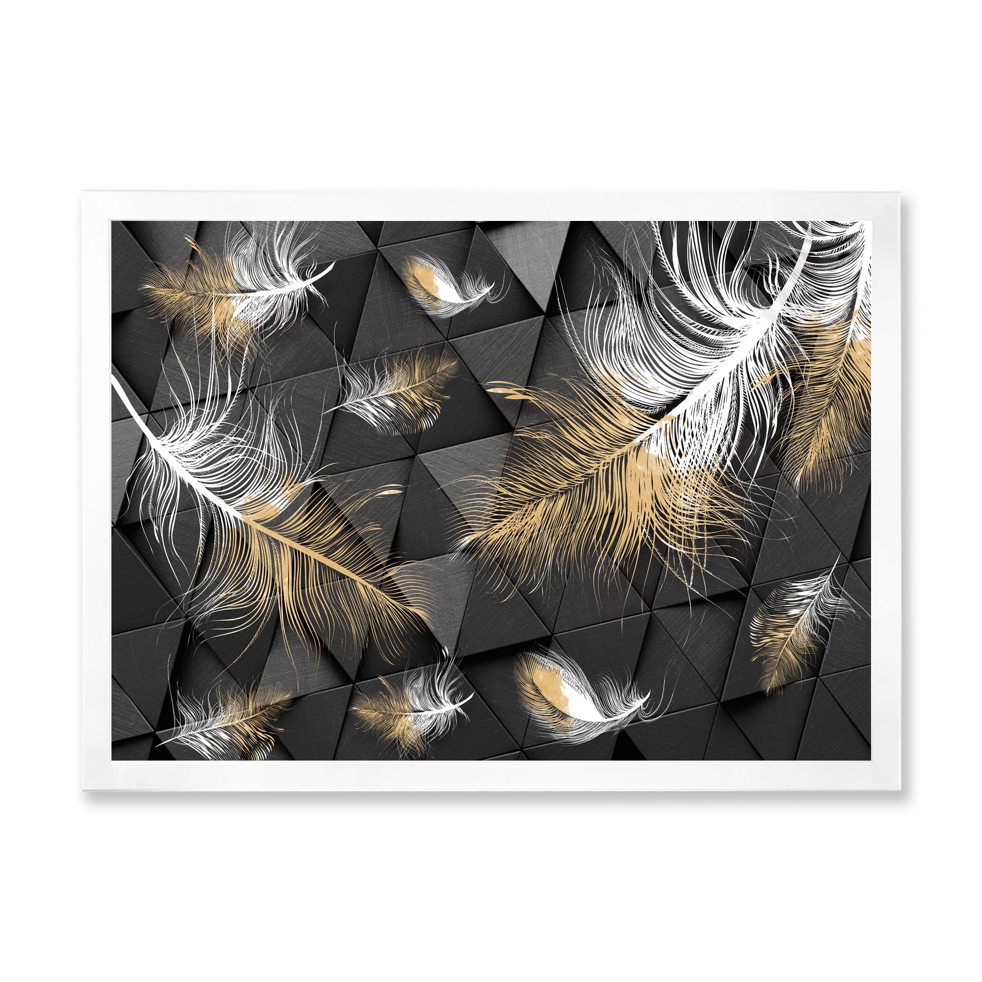 Designart 'Gold and White Feathers On Triangular' Modern Framed Art Print