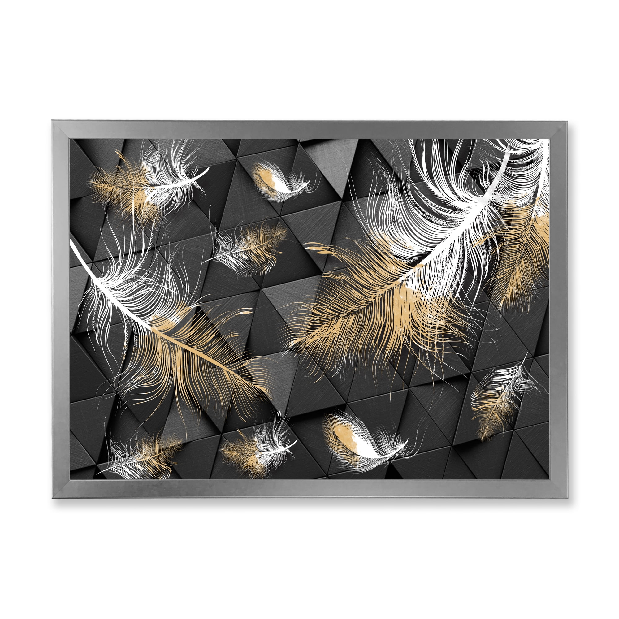 Designart 'Gold and White Feathers On Triangular' Modern Framed Art Print