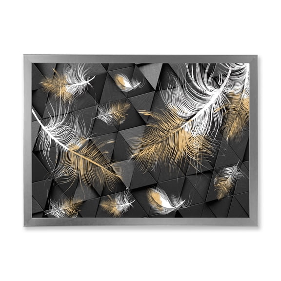 Designart 'Gold and White Feathers On Triangular' Modern Framed Art Print