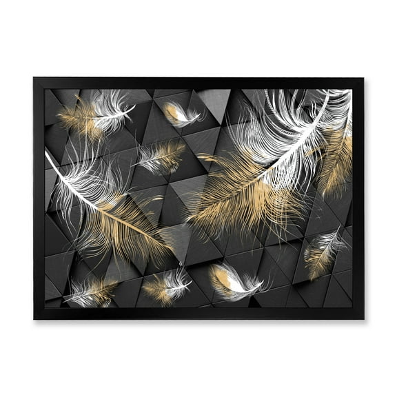 Designart 'Gold and White Feathers On Triangular' Modern Framed Art Print