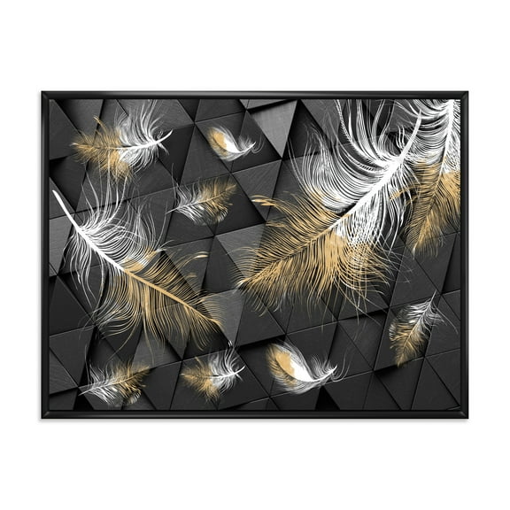 Designart 'Gold and White Feathers On Triangular' Modern Framed Canvas Wall Art Print