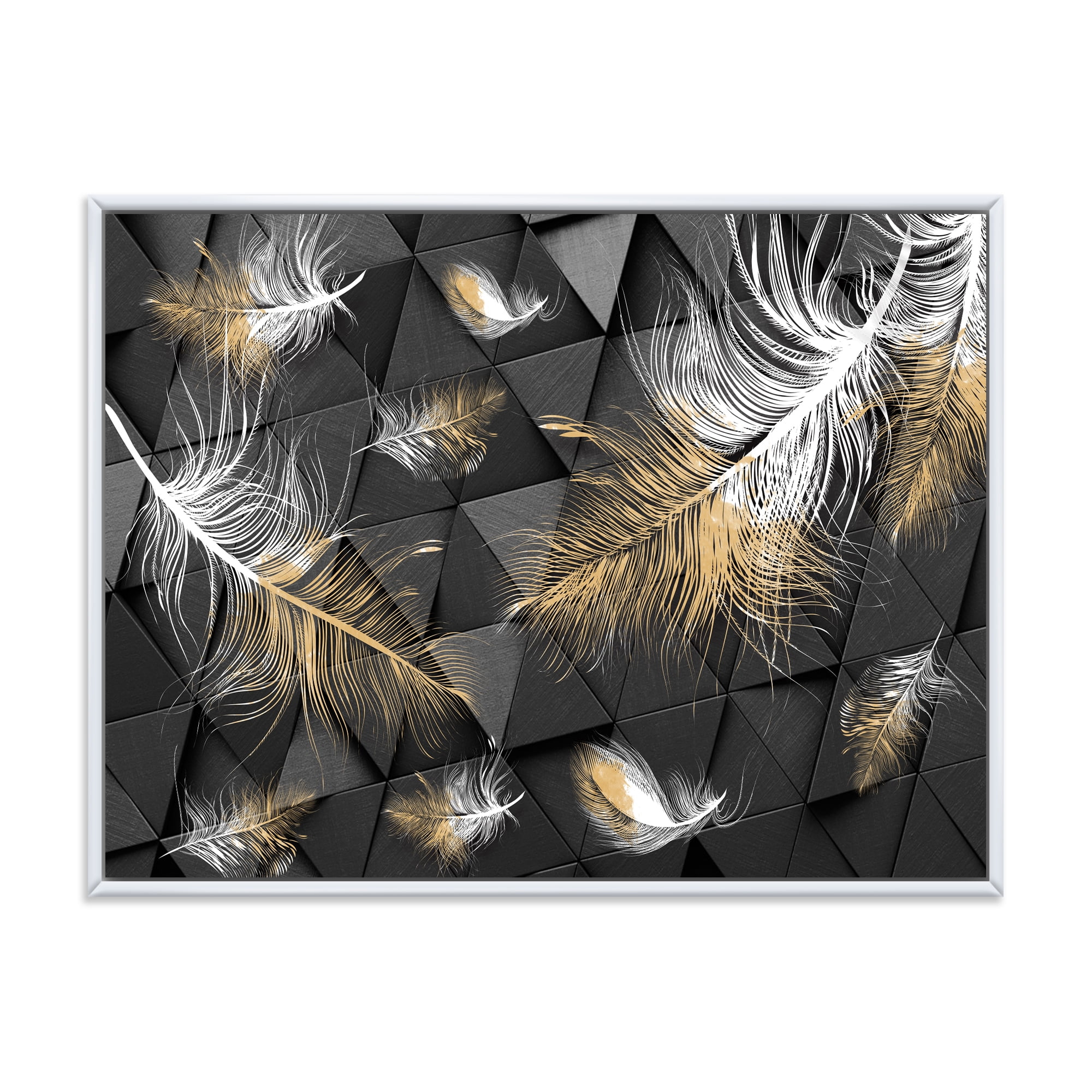 Designart 'Gold and White Feathers On Triangular' Modern Framed Canvas Wall Art Print
