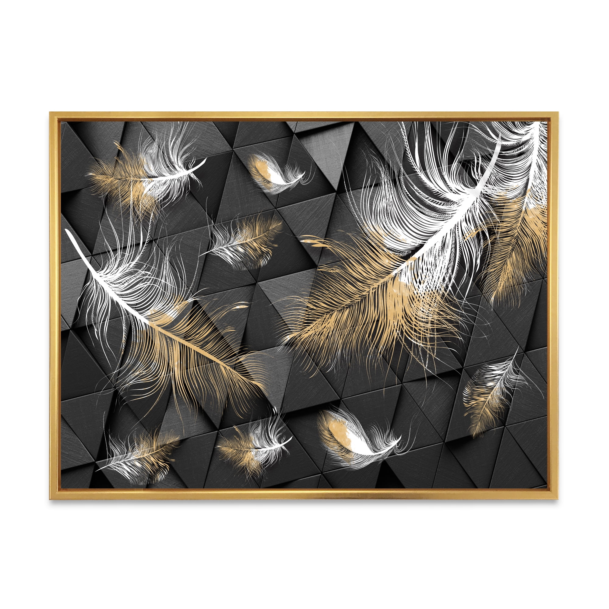 Designart 'Gold and White Feathers On Triangular' Modern Framed Canvas Wall Art Print