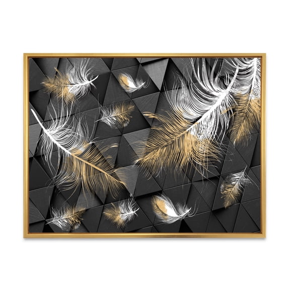 Designart 'Gold and White Feathers On Triangular' Modern Framed Canvas Wall Art Print