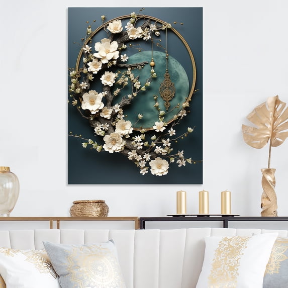 Designart "Gold and white flowers on Blue stone II In Green and White"Stone Geode Metal Wall Art Green Traditional Office Room Wall Art