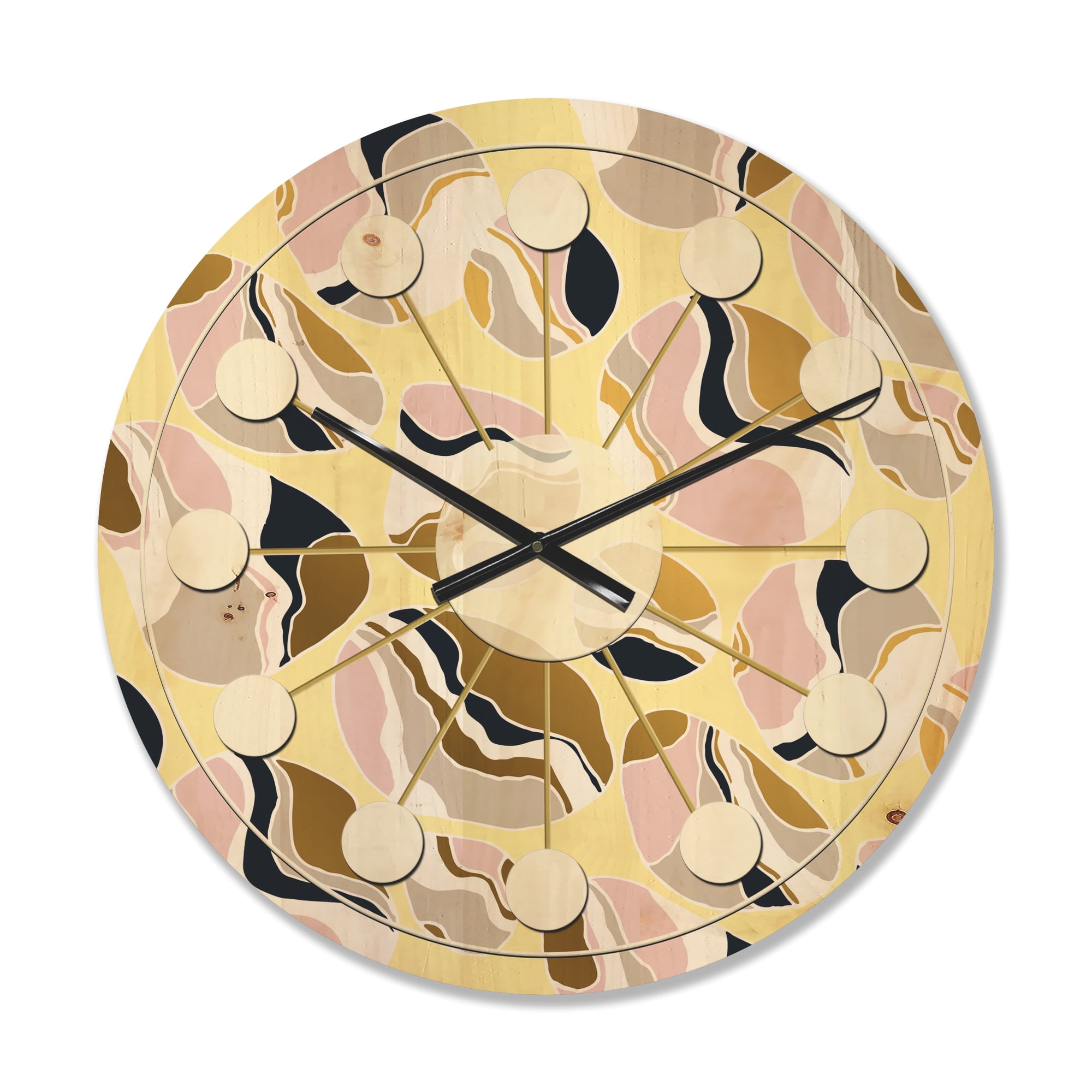 Designart 'Golden Abstract River Stones' Mid-Century Modern Wood Wall Clock