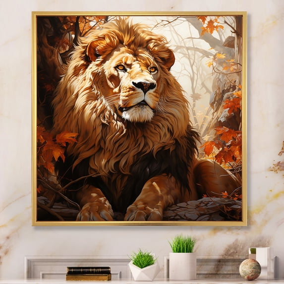 Designart "Golden African Lion Portrait I" Animals Framed Wall Art - Traditional Gold Lion Entryway Framed Wall Art
