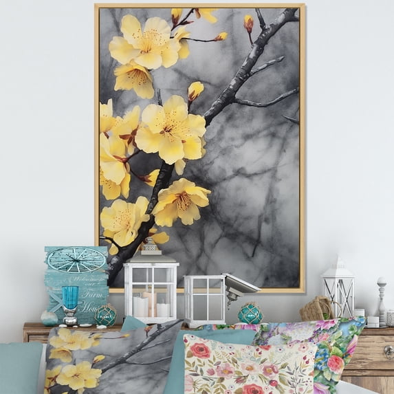 Designart "Golden And Ash Cherry Blossoms Arbor" Cherry Floater Framed Canvas Art Print