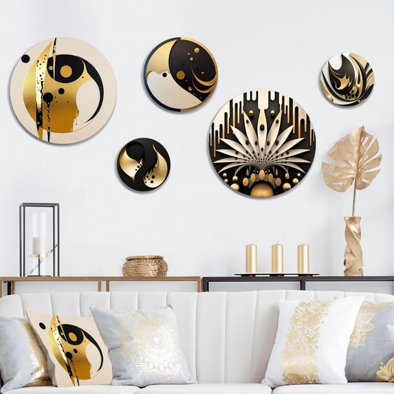Designart "Golden And Black Sphere II" Modern Geometric Metal Wall Art Set of 5 Piece