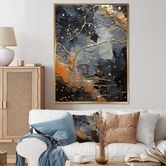 Designart "Golden And Ebony Astral Abstraction I" Abstract Collages Floater Framed Wall Decor
