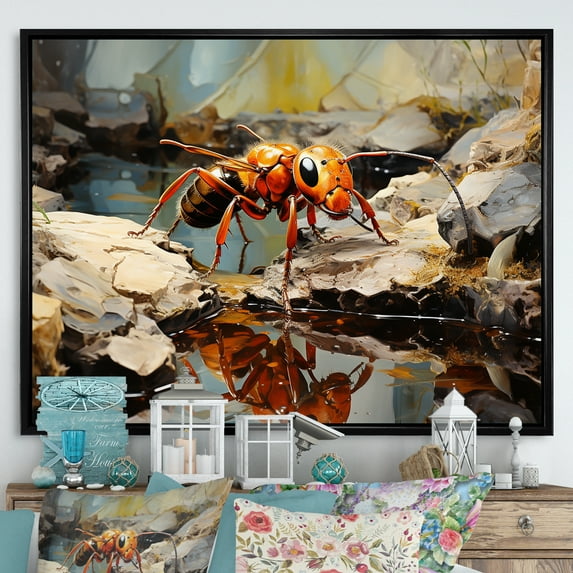 Designart "Golden Ant Pathways I" Animals Ant Floater Framed Wall Art Living Room