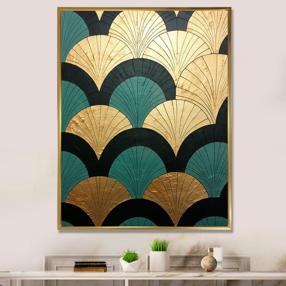 Designart "Golden Arches In Emerald" Abstract Shapes Floater Framed Canvas Prints