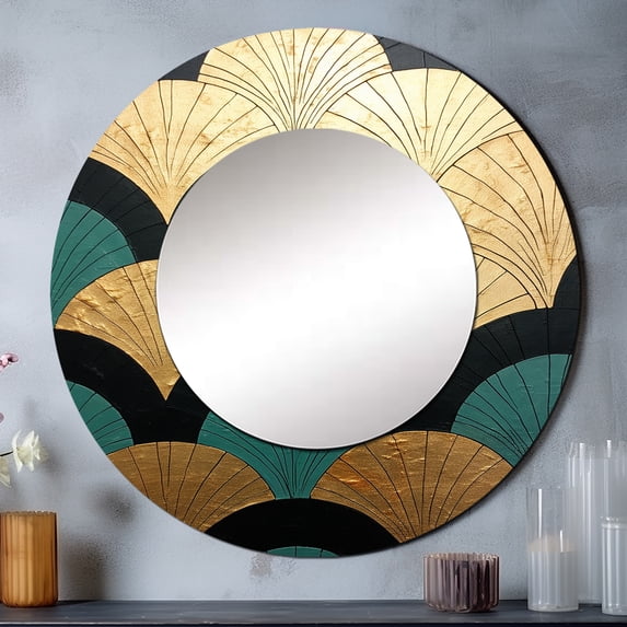 Designart "Golden Arches In Emerald" Abstract Shapes Rund Mirror For Wall Decor - Large Gold Round Printed Mirror -Modern Round Living Room Mirror - 29" x 29"