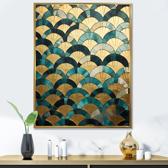 Designart "Golden Arches In Emerald IV" Abstract Shapes Floater Framed Canvas Art Print