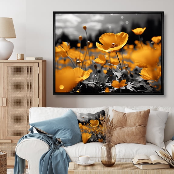 Designart "Golden Ashen Ranunculus Sunlit Blooms Noir" Floral Floater Framed Canvas Wall Art