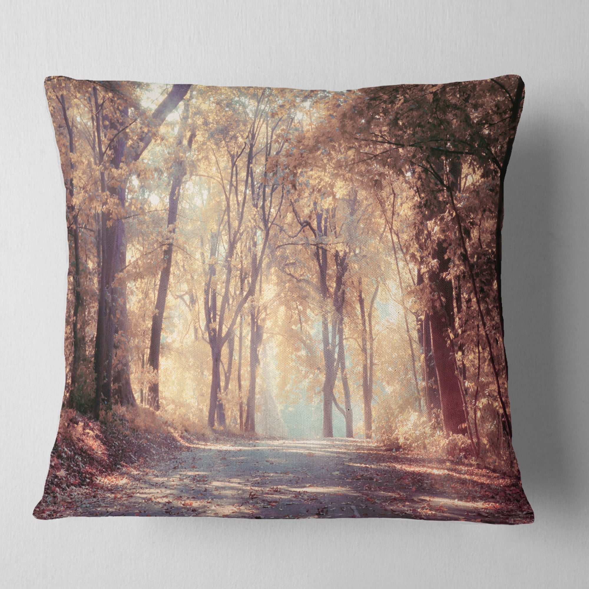 Designart Golden Autumn Beautiful Forest - Landscape Printed Throw Pillow - 18x18