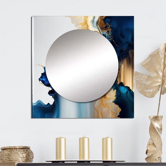 Designart "Golden and Azure Geode Marble I" abstract marble Square Mirror For Wall Decor - Large Blue Square Mirror Printed Wall Decor - Modern Square Living Room Mirror