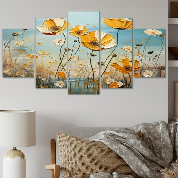 Designart "Golden Azure Ranunculus Luminous Snapshots" Floral Metal Wall Decor Set