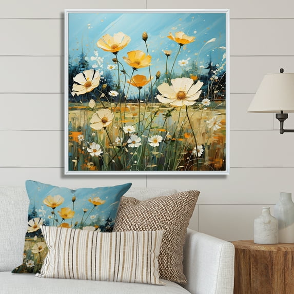 Designart "Golden Azure Ranunculus Sunlit Field" Floral Floater Framed Wall Art Living Room