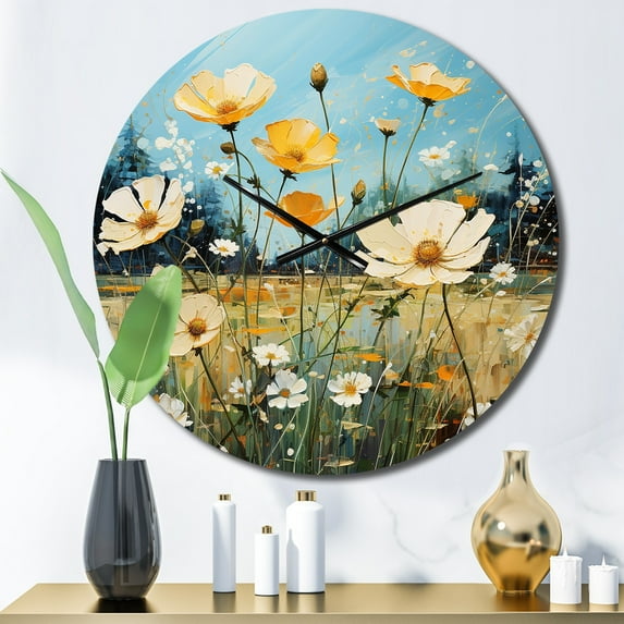 Designart "Golden Azure Ranunculus Sunlit Field" Floral Oversized Wall Clock