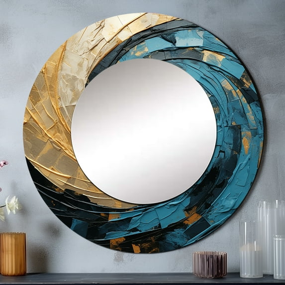 Designart "Golden Azure Swirl Simplistic Pottery" Abstract Spirals Rund Mirror For Wall Decor - Large Gold Round Printed Mirror - Modern Round Office Mirror - 36" x 36"