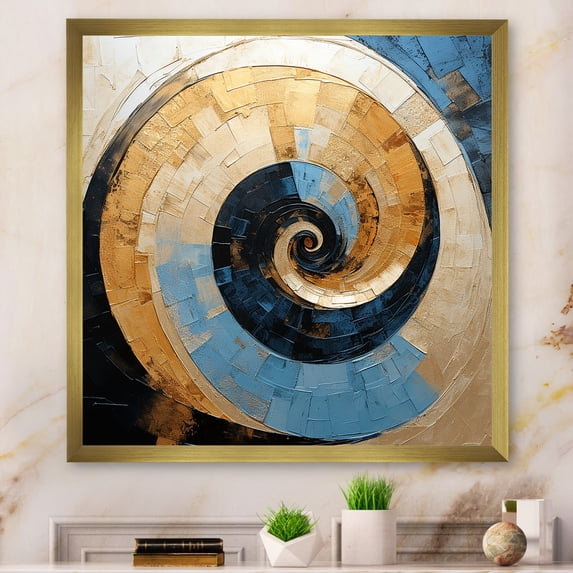 Designart "Golden Azure Swirl Simplistic Pottery I" Abstract Spirals Picture Framed Canvas Prints