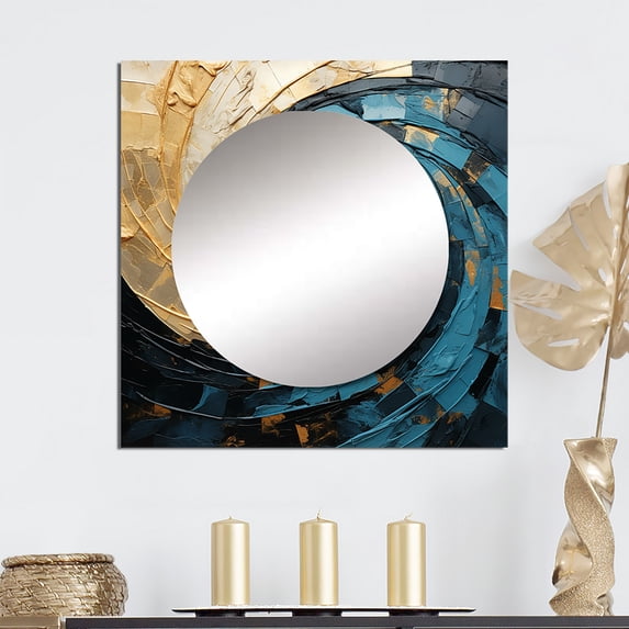 Designart "Golden Azure Swirl Simplistic Pottery" abstract spirals Square Mirror For Wall Decor - Large Gold Square Printed Wall Mirror Art - Square Modern Mirror - Wall Mounted Square Mirror