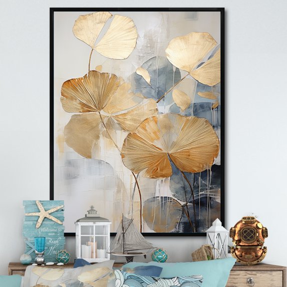 Designart "Golden Beige Palm Tree In Modern Style I" Coastal Tropical Floater Framed Wall Decor