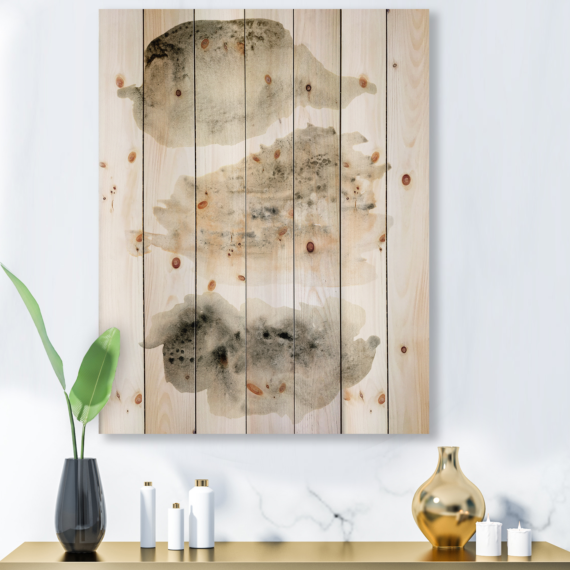 Designart 'Golden Beige and Grey Clouds I' Modern Print on Natural Pine Wood