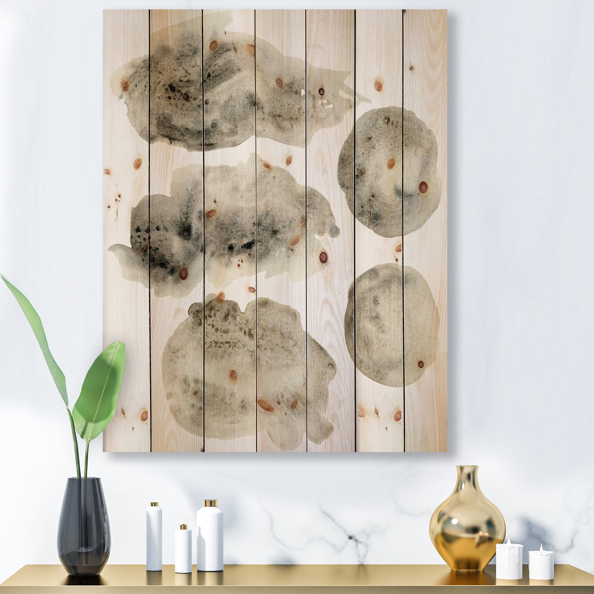 Designart 'Golden Beige and Grey Clouds II' Modern Print on Natural Pine Wood
